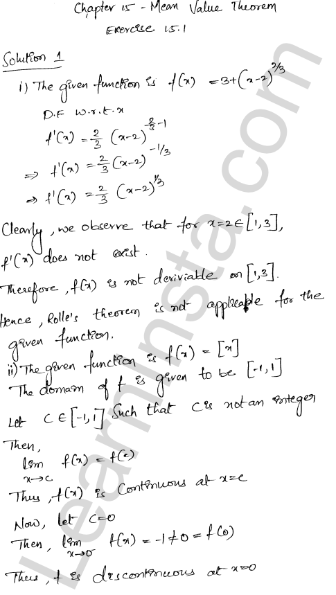 RD Sharma Class 12 Solutions Chapter 15 Mean Value Theorems Ex 15.1 1.1